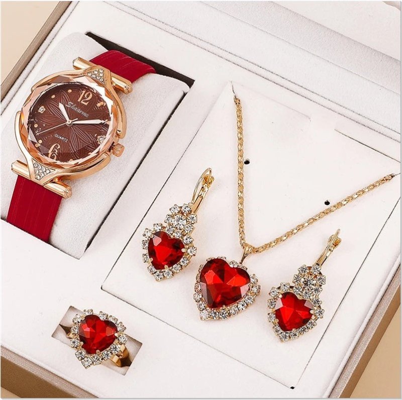 6pcs Set Ladies New Belt Quartz Watch Diamond Jewelry Suit $41.88 Dana Fashion Color: Red Women's Accessories Product information: Display Type: Number Applicable people: students Waterproof: no Movement type: Electronic Dial diameter: 18mm Mirror materia