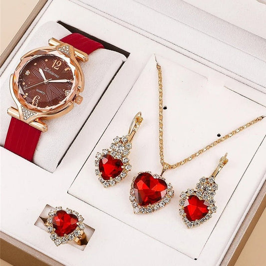 6pcs Set Ladies New Belt Quartz Watch Diamond Jewelry Suit $41.88 Dana Fashion Color: Red Women's Accessories Product information: Display Type: Number Applicable people: students Waterproof: no Movement type: Electronic Dial diameter: 18mm Mirror materia