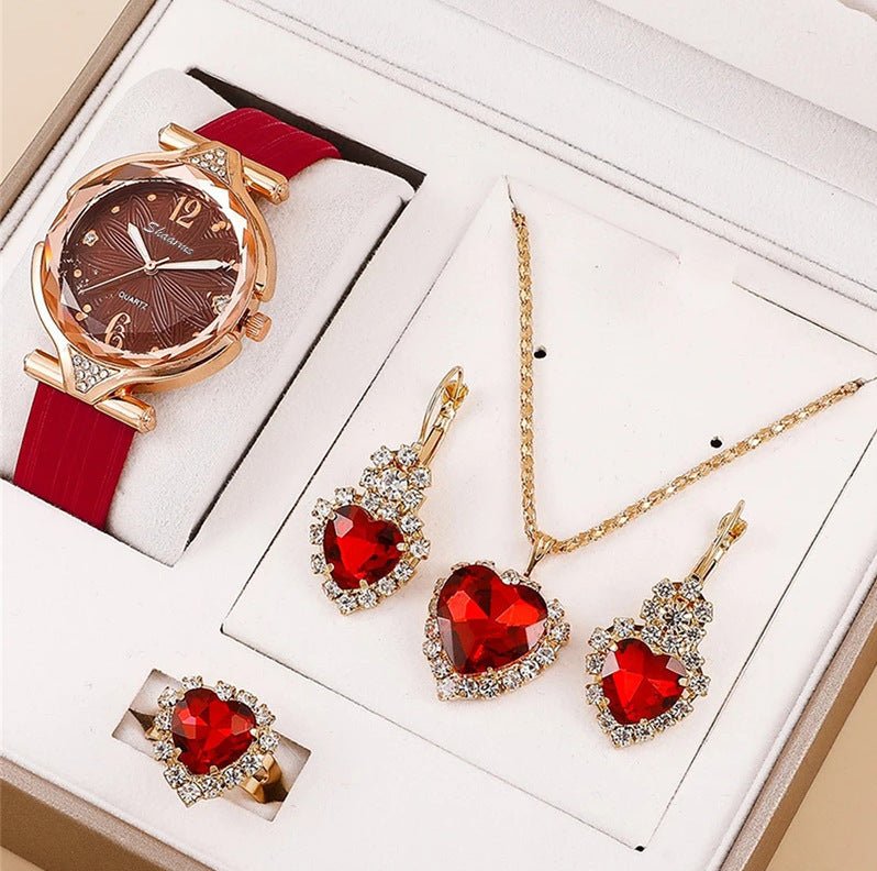 6pcs Set Ladies New Belt Quartz Watch Diamond Jewelry Suit $41.88 Dana Fashion Color: Red Women's Accessories Product information: Display Type: Number Applicable people: students Waterproof: no Movement type: Electronic Dial diameter: 18mm Mirror materia
