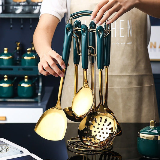 7 PCS Stainless Steel Silicone Kitchen Utensil Slotted Spatula Turner Ladle Serving Spoon Pasta Server Cooking Set $77.49 Dana Fashion style: 7piece kitchen spatula Dana's Kitchen Product information: Product category: cooking utensil Material: 304 stainl
