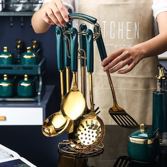 7 PCS Stainless Steel Silicone Kitchen Utensil Slotted Spatula Turner Ladle Serving Spoon Pasta Server Cooking Set $77.49 Dana Fashion style: 7piece kitchen spatula Dana's Kitchen Product information: Product category: cooking utensil Material: 304 stainl