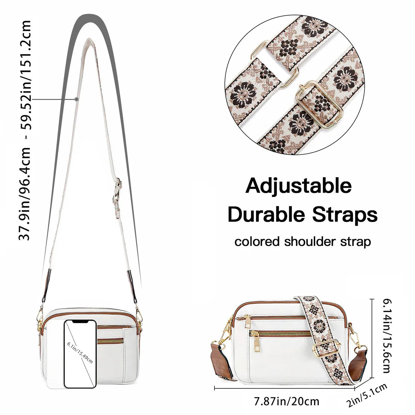 Triple-zipper Shoulder Bag With Floral Embroidered Straps Fashion Colorblock Multi-functional Crossbody Bags For Women - DanaFashionstore