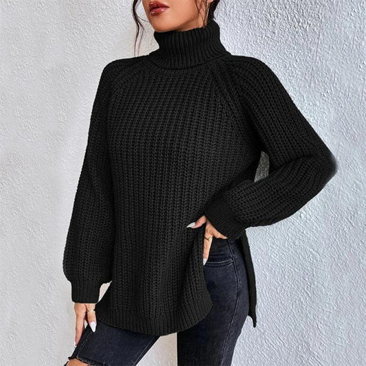 Turtleneck Pullover Sweater With Split Design Fashion Simple Solid Color Long Sleeve Tops Women's Clothing - DanaFashionstore