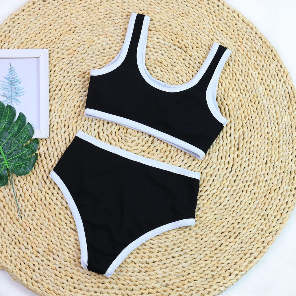 Sexy Black And White Color Matching High Waist Split Bikini Swimsuit - DanaFashionstore