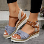 New Thick-soled Bow Sandals Summer Fashion Casual Linen Buckle Wedges Shoes For Women - DanaFashionstore