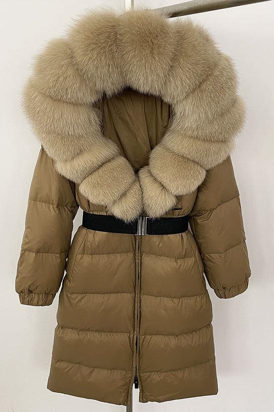 Women's Long Cinched Hoodie Real Fox Fur Collar Coat