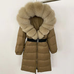 Women's Long Cinched Hoodie Real Fox Fur Collar Coat 2026 - Winter Jacket - DanaFashionstore