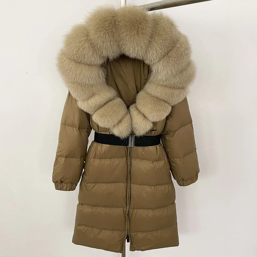 Women's Long Cinched Hoodie Real Fox Fur Collar Coat 2026 - Winter Jacket - DanaFashionstore