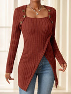 Square Neck Slim Fit Knit Button Decor Slit Hem Slim Fit Casual Long Sleeve T-shirt - DanaFashionstore