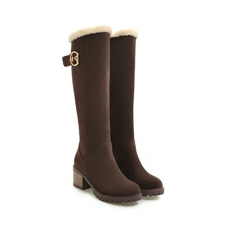 Buckle Embellished Mid-heel Winter Warm Long Boots - DanaFashionstore