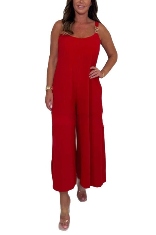 Solid Color Casual Sling Wide Leg Jumpsuit