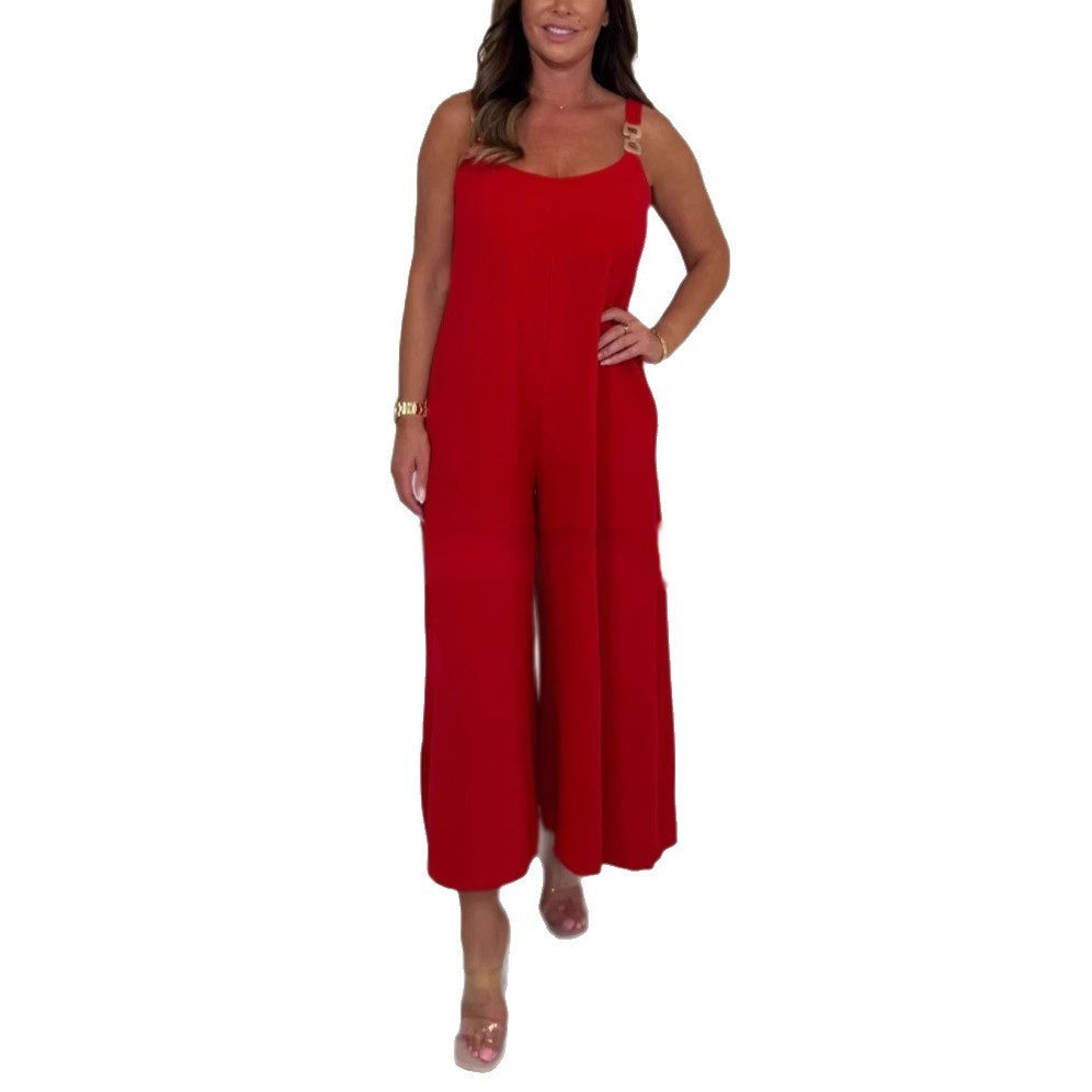 Solid Color Casual Sling Wide Leg Jumpsuit