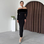 Off-shoulder Fur Collar Slim Fit Dress Women - DanaFashionstore