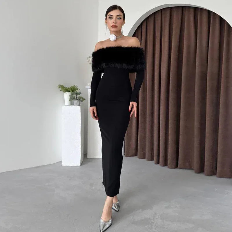 Off-shoulder Fur Collar Slim Fit Dress Women - DanaFashionstore