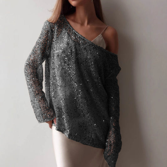 European And American Long Sleeve Hollow Loose Pullover Sequined Top Women's Clothing