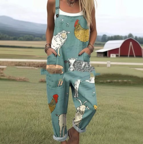 Women's Digital 3D Printing Buttons Casual Suspender Trousers Suspenders