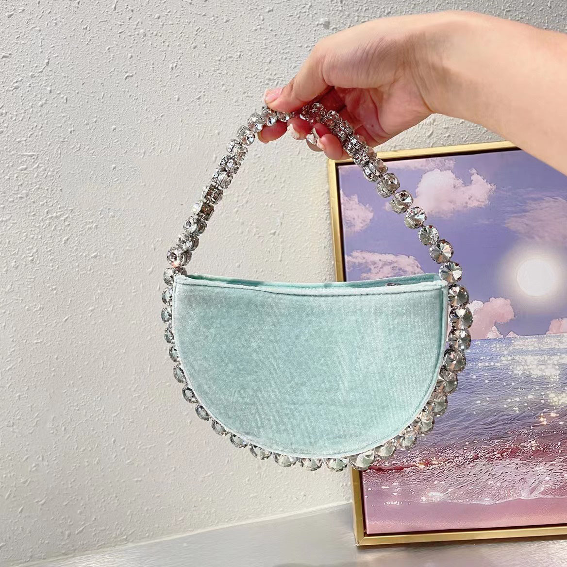 Vintage Banquet Rhinestone Semicircle Bag Diamond Velvet Clutch - Dana Fashion