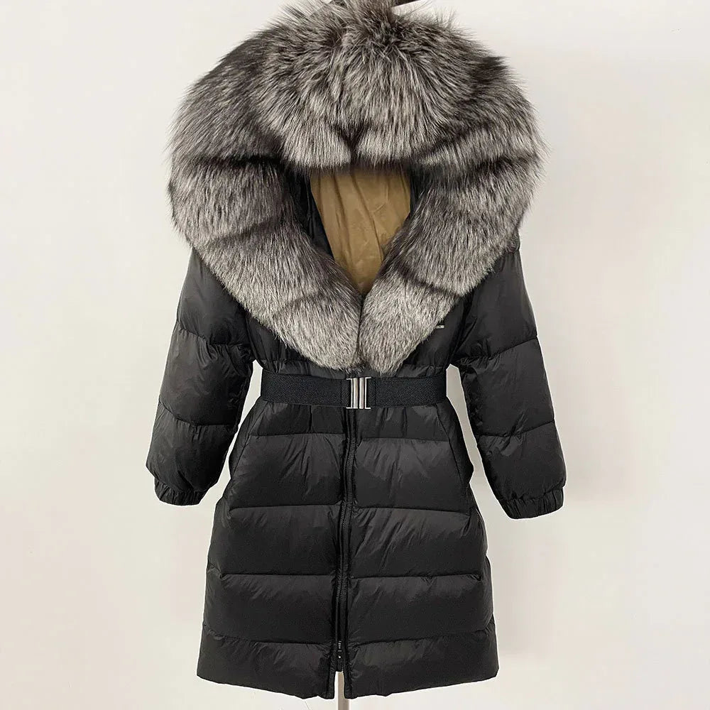 Women's Long Cinched Hoodie Real Fox Fur Collar Coat 2026 - Winter Jacket - DanaFashionstore