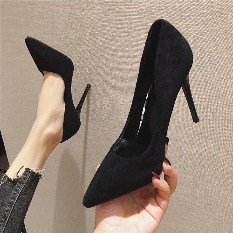 Black Suede High Heels Women's Stiletto Ceremonial Shoes - DanaFashionstore