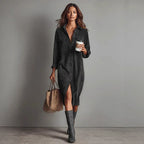 Turn-Down Collar Buttons Chic Casual Dress, Women Spring Autumn Solid Simple Party Dress, Long Sleeve Holiday Ladies Dress - DanaFashionstore