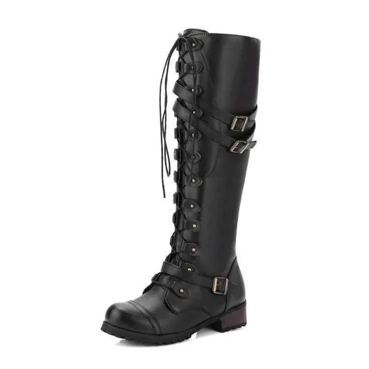 Explosive Style Round Toe Mid-heel Lace-up Over-the-knee Boots - DanaFashionstore