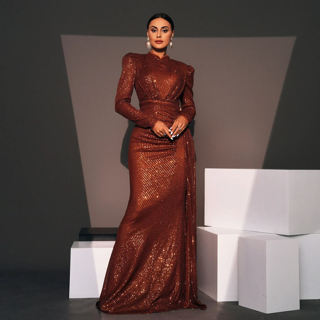 Long Sleeve Round Neck Sexy Slim Long Sequined Banquet Dress - DanaFashionstore