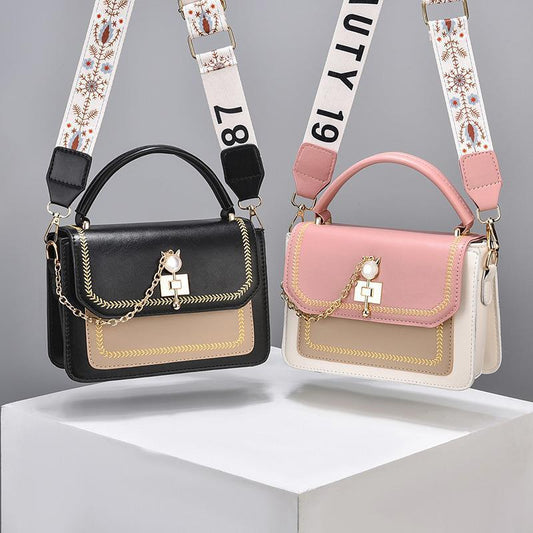 Wide Shoulder Strap Embroidery Thread Contrast Color Large Capacity Shoulder Bag - Dana Fashion