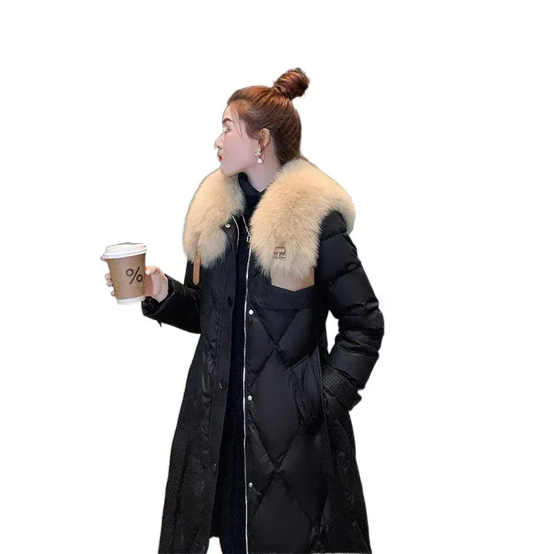 White Duck Slim Fit Down Jacket 2026 - Overknee Mid-Length Big Fur Collar Coat - DanaFashionstore