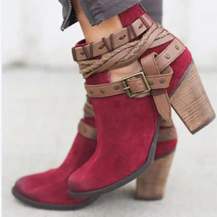 High-heeled Martin boots rivet belt buckle thick with round head boots - DanaFashionstore