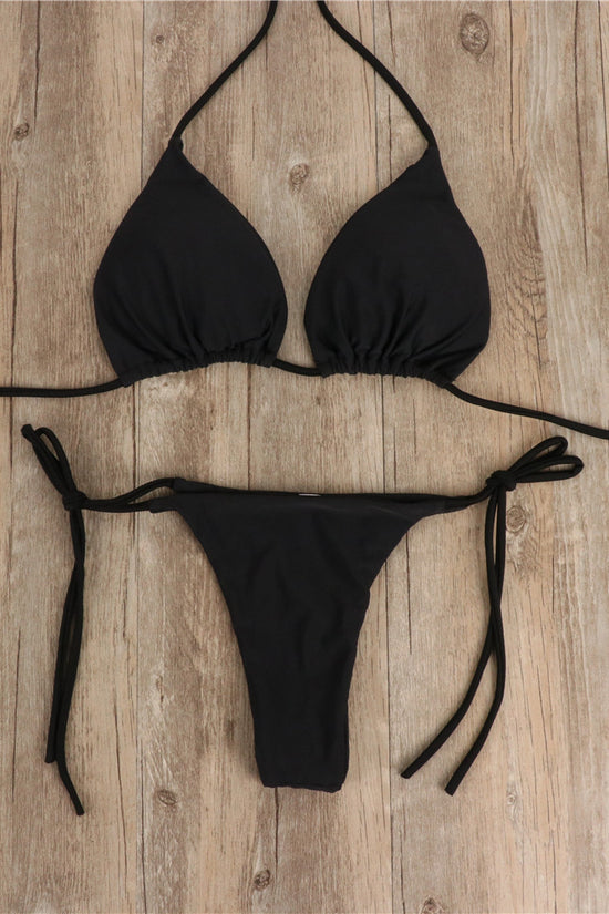 2pcs Halterneck Lace-up Bikini Women Summer Solid Color Sexy Split Strap Adjustable Swimsuit Suit