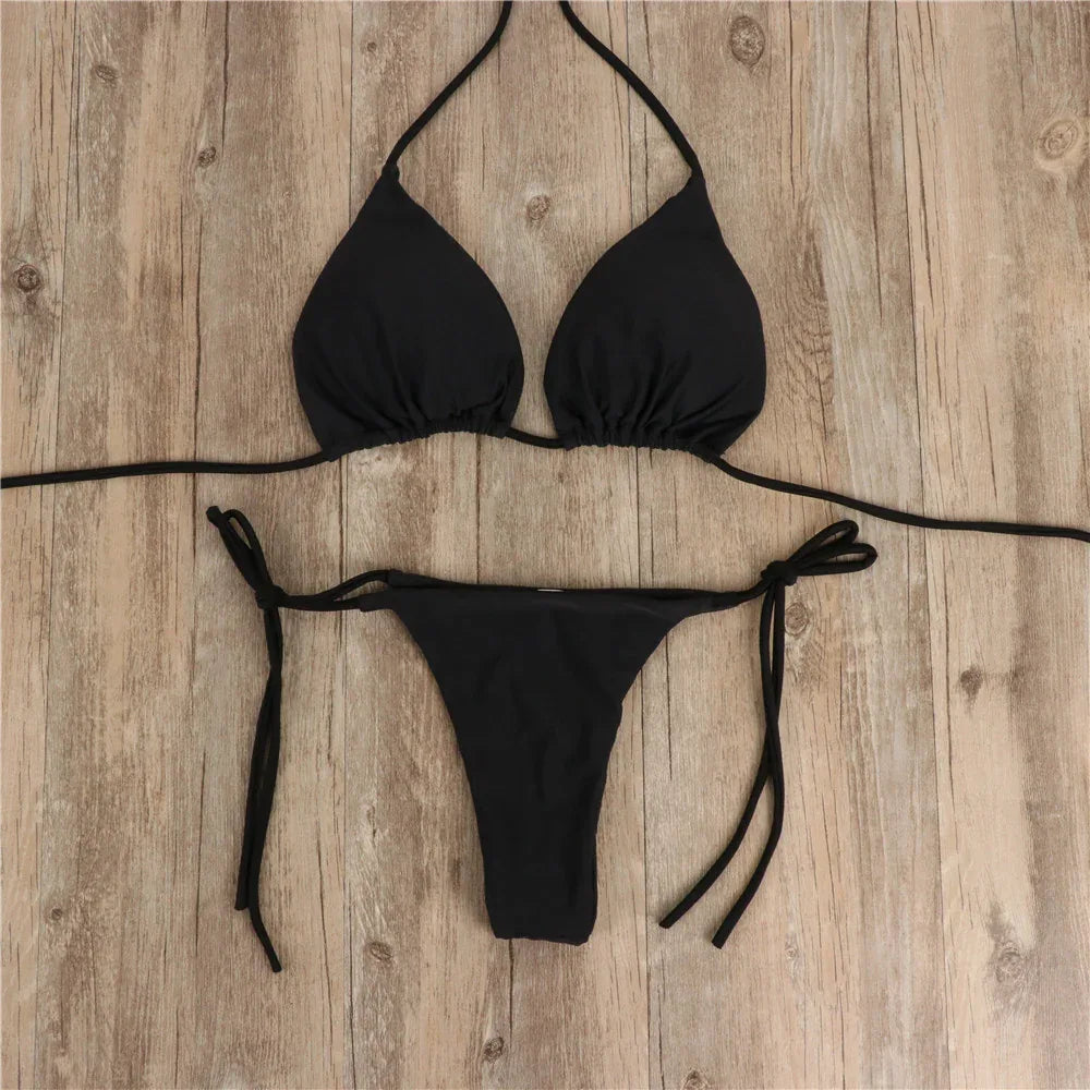 2pcs Halterneck Lace-up Bikini Women Summer Solid Color Sexy Split Strap Adjustable Swimsuit Suit - DanaFashionstore