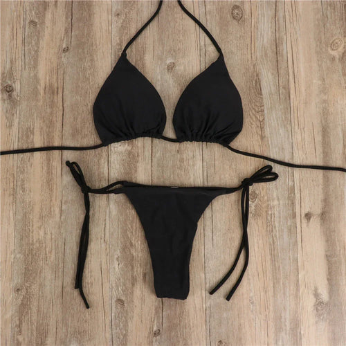 2pcs Halterneck Lace-up Bikini Women Summer Solid Color Sexy Split Strap Adjustable Swimsuit Suit - DanaFashionstore