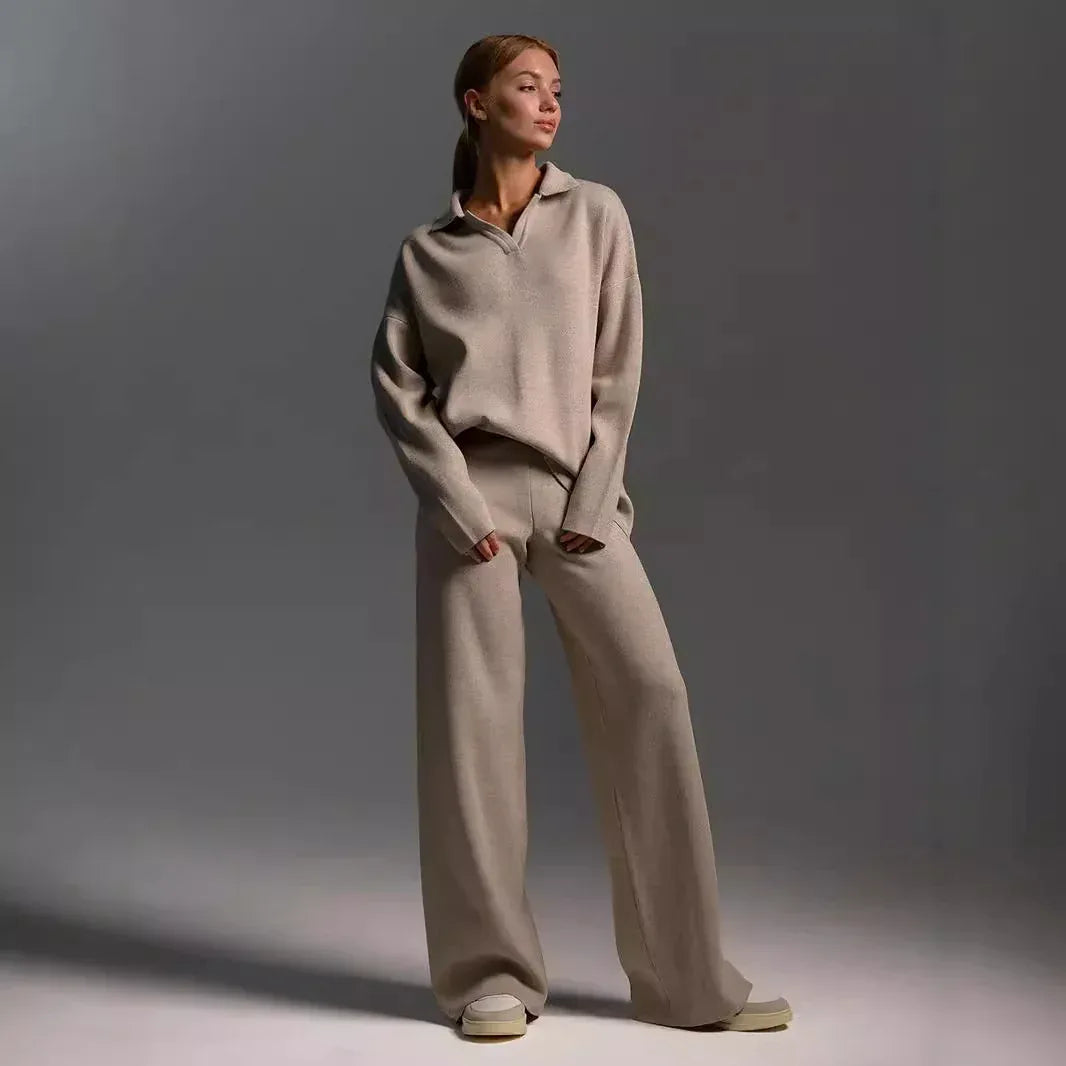 Women's Sweatshirt Suit Casual Collared Long-Sleeved Pullover Top And Loose Straight-Leg Pants Fashion Sport Trousers Set - DanaFashionstore
