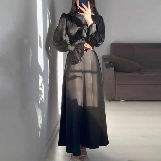 Round Neck Ruffle Sleeve Drawstring High Waist Cross Overlay Strap Elegant Slim Fit Dress