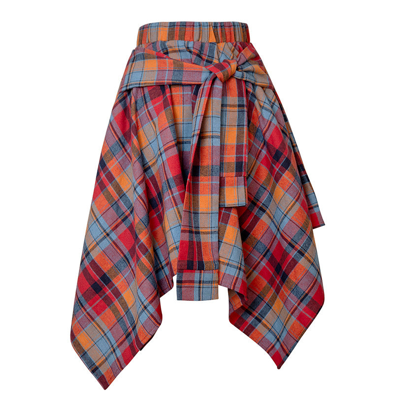 Women's Fashion Irregular High Waist Plaid Tie-Sleeve Skirt