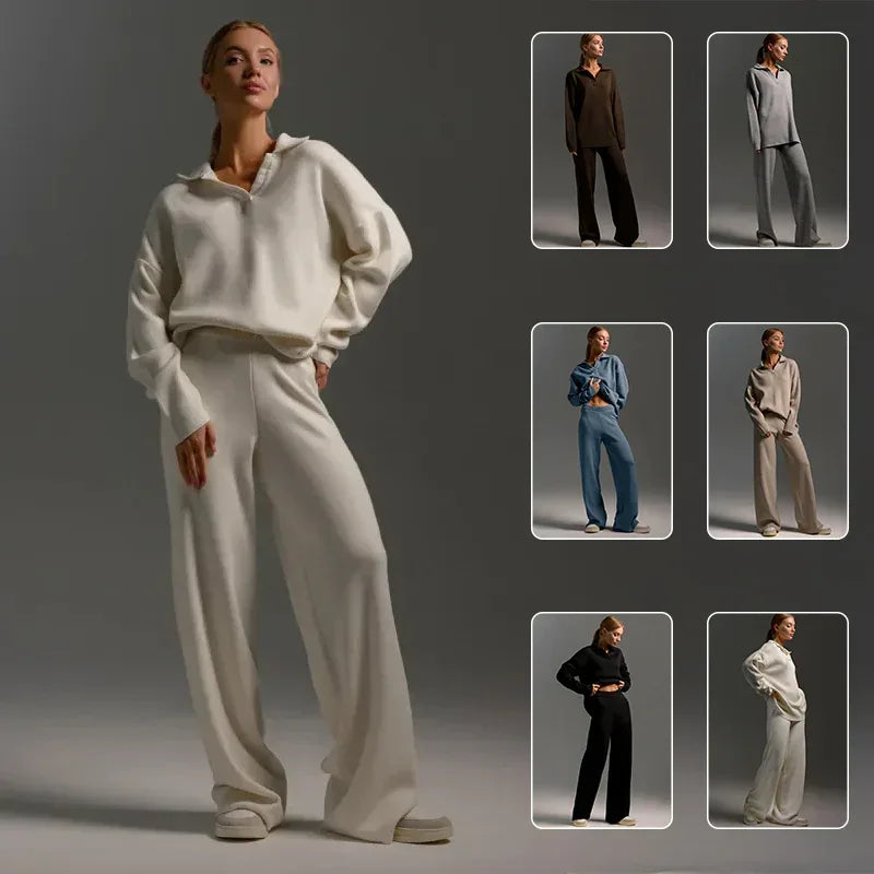 Women's Sweatshirt Suit Casual Collared Long-Sleeved Pullover Top And Loose Straight-Leg Pants Fashion Sport Trousers Set - DanaFashionstore