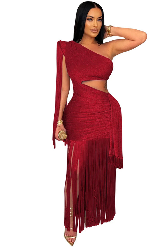 Fashionable Womens Sexy Casual One-Shoulder Tassel Dress - DanaFashionstore