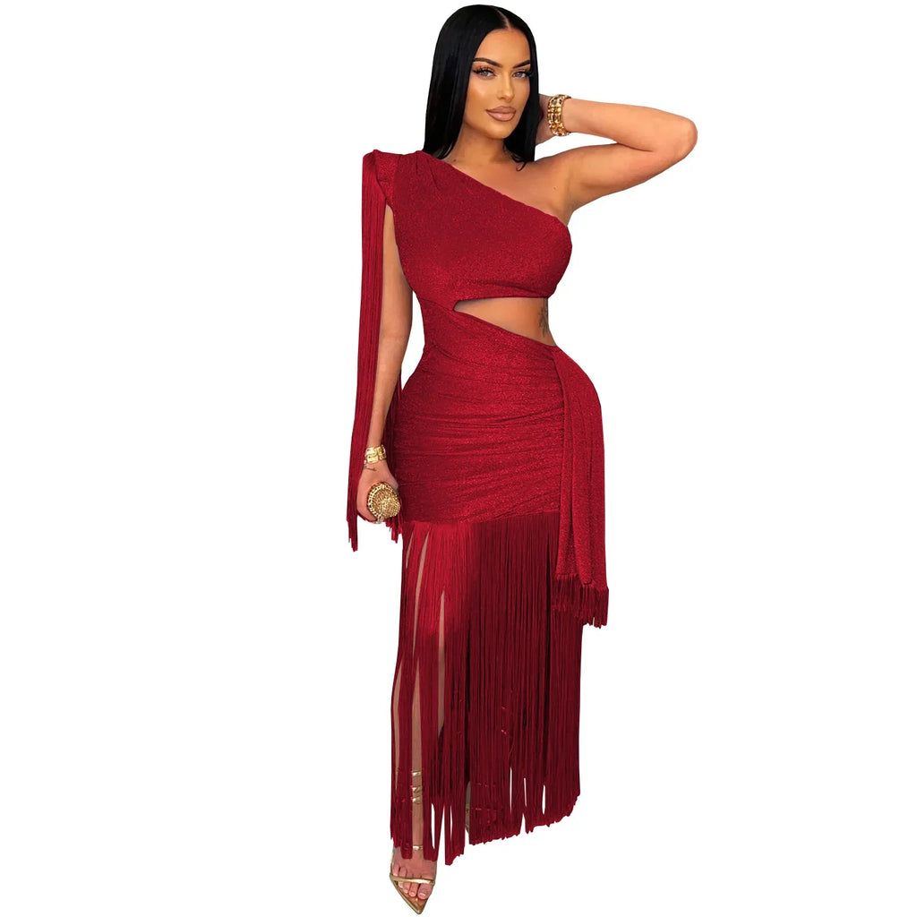 Fashionable Womens Sexy Casual One-Shoulder Tassel Dress - DanaFashionstore