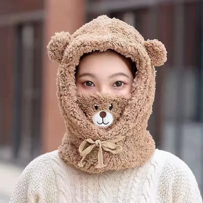 Cute Bear Plush Hat Winter Warm Thickened Scarf With Mask Anf Drawstring Design - DanaFashionstore