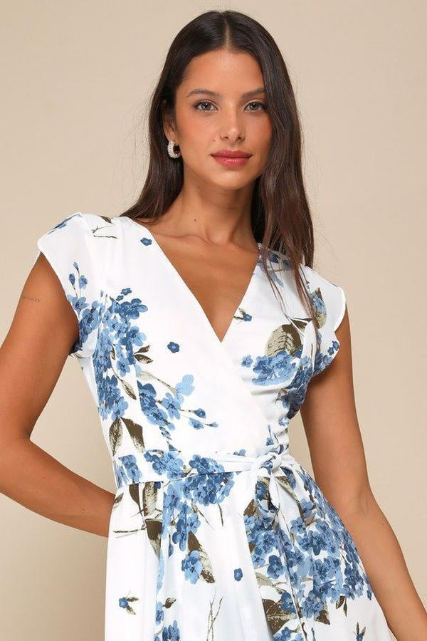 Women's Short-sleeved V-neck Digital Printing Irregular Front Short Back Length Dress