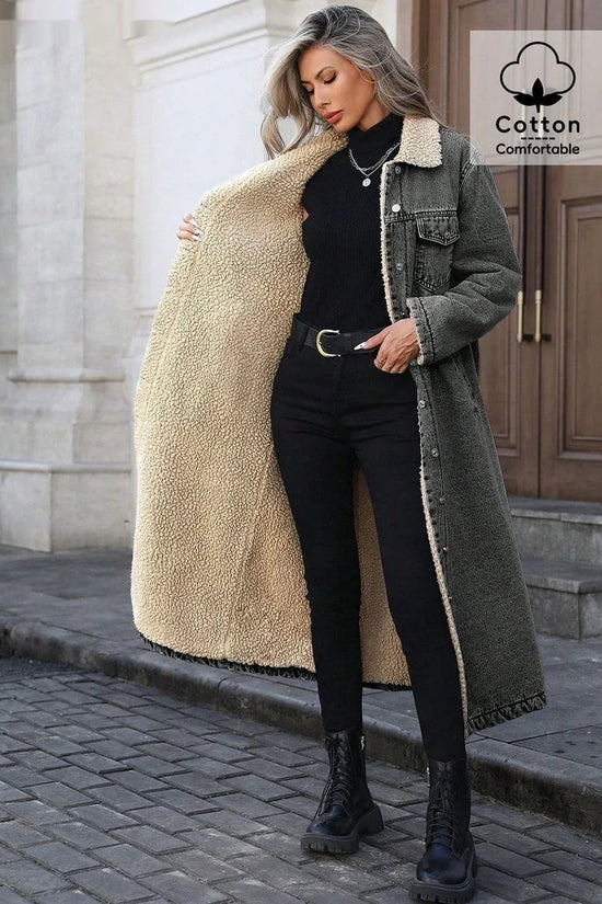 Womens Loose, Long, Fleece-lined Cotton Denim Jacket - DanaFashionstore