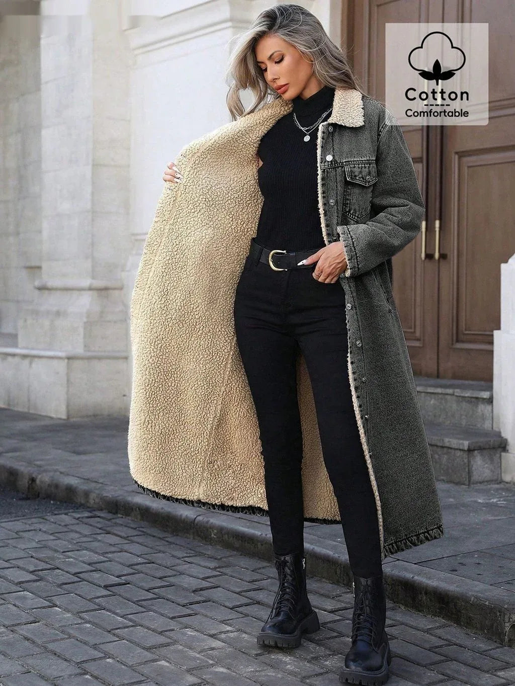 Womens Loose, Long, Fleece-lined Cotton Denim Jacket - DanaFashionstore