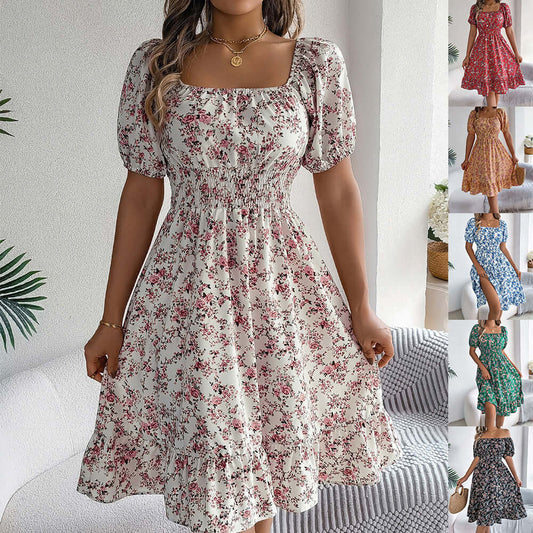 Floral Print Square Collar Dress Summer Fashion Ruffles Dresses Women's Clothing $49.99 Dana Fashion Color: Black Size: L Women's clothing Overview: Unique design, stylish and beautiful. Good material, comfortable wear. A variety of colors, any choice. Pr