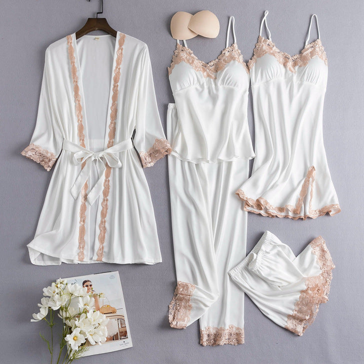 Ice Silk Sexy Slip Nightdress Silk Satin Nightgown With Chest Pad Five-piece Suit Homewear - Dana Fashion
