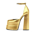 Golden Square Head Hollow Waterproof Platform Buckled Chunky Heel Super High Heel - DanaFashionstore