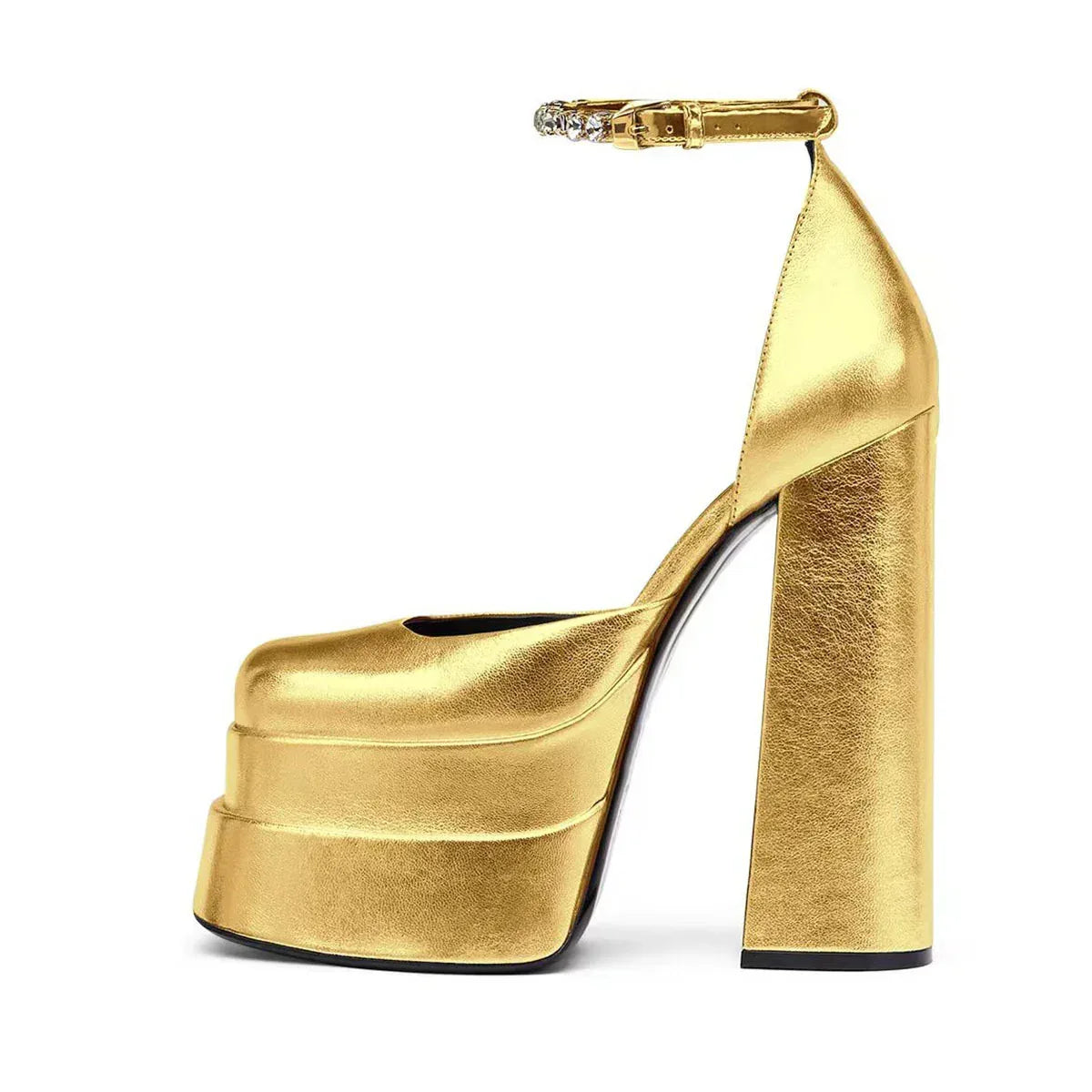 Golden Square Head Hollow Waterproof Platform Buckled Chunky Heel Super High Heel - DanaFashionstore