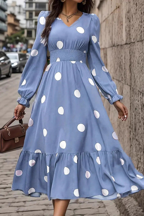 V-neck Long Sleeve Ruffled Hem Dress - Dana Fashion