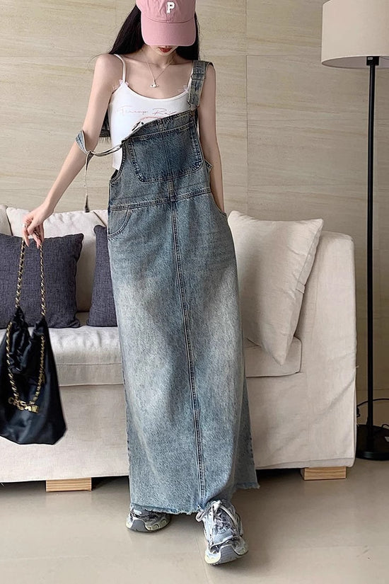 All-matching Retro Anti-aging Sleeveless Strap Dress Women's Spring And Summer Leisure Loose Slimming And Straight Denim Long Skirts