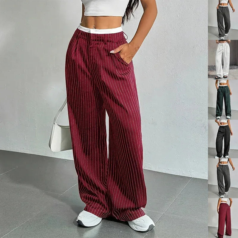 Stripe Printed Trousers Fashion High Waist Straight Leg Pants With Pocket Zipper Casual Suit Pants For Women - DanaFashionstore