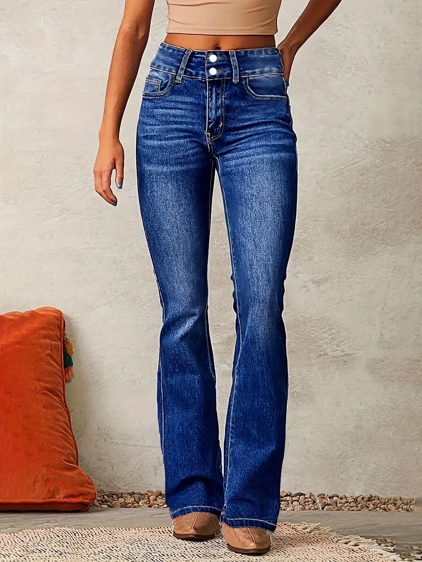 Skinny Flared Jeans With Pockets Fashion Button Zipper Trousers Women's Slim Denim Pants - DanaFashionstore
